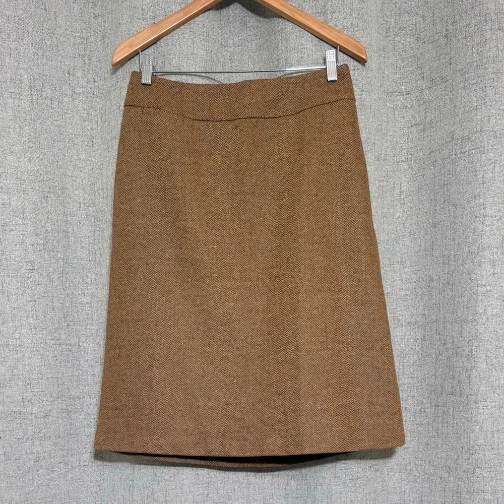 Lands' End Brown Herringbone Tweed Wool Silk Blend A-Line Skirt Size 6 Lined - Picture 2 of 8